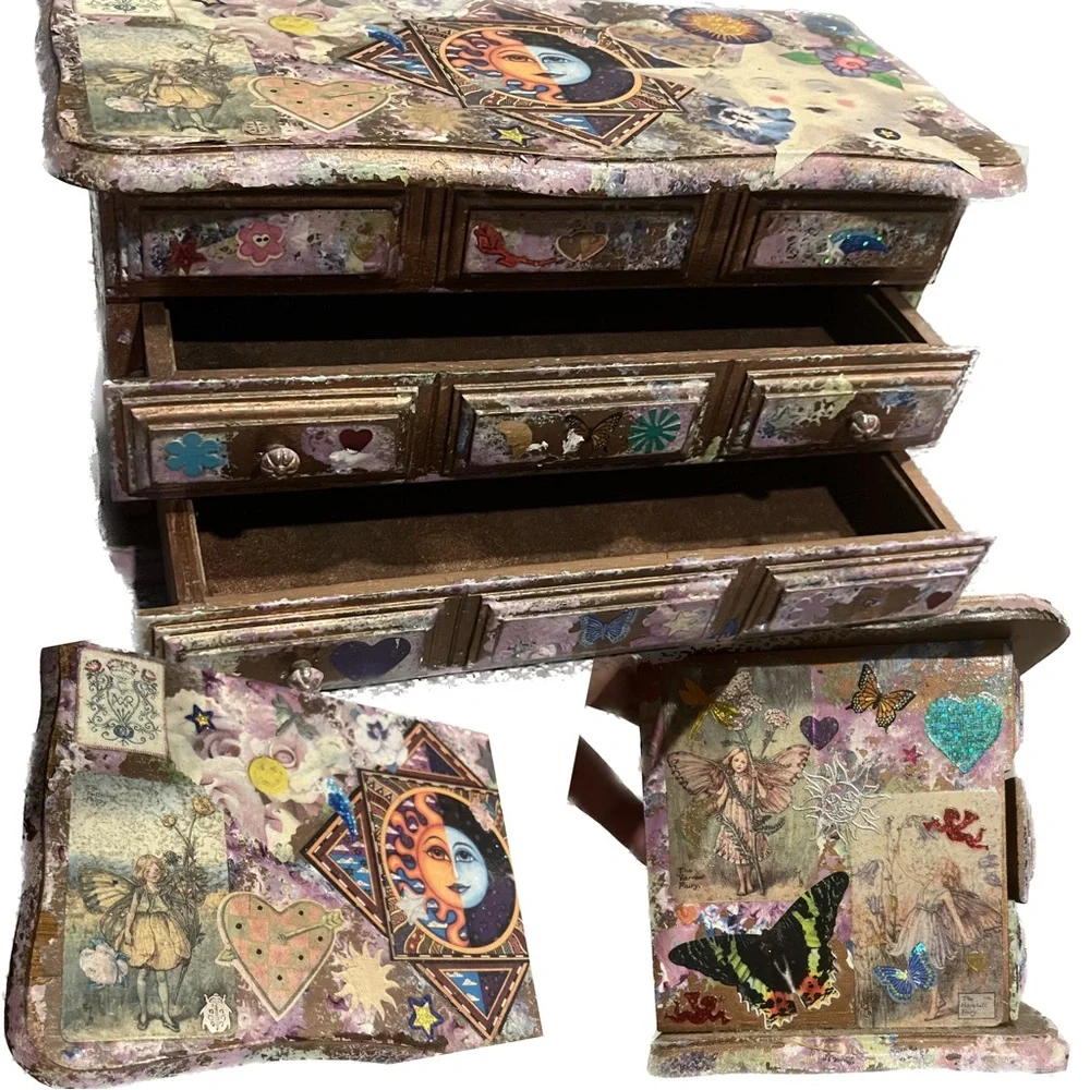Vintage OOAK Handmade Decoupaged Y2K Moon & Sun Fairy Art on Wooden Jewelry Box